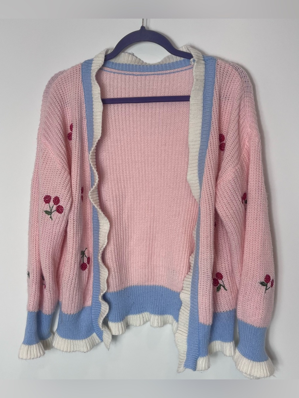 Pink Cherry Knit Open-Front Women's Cardigan Sweater Blue Powder Pink